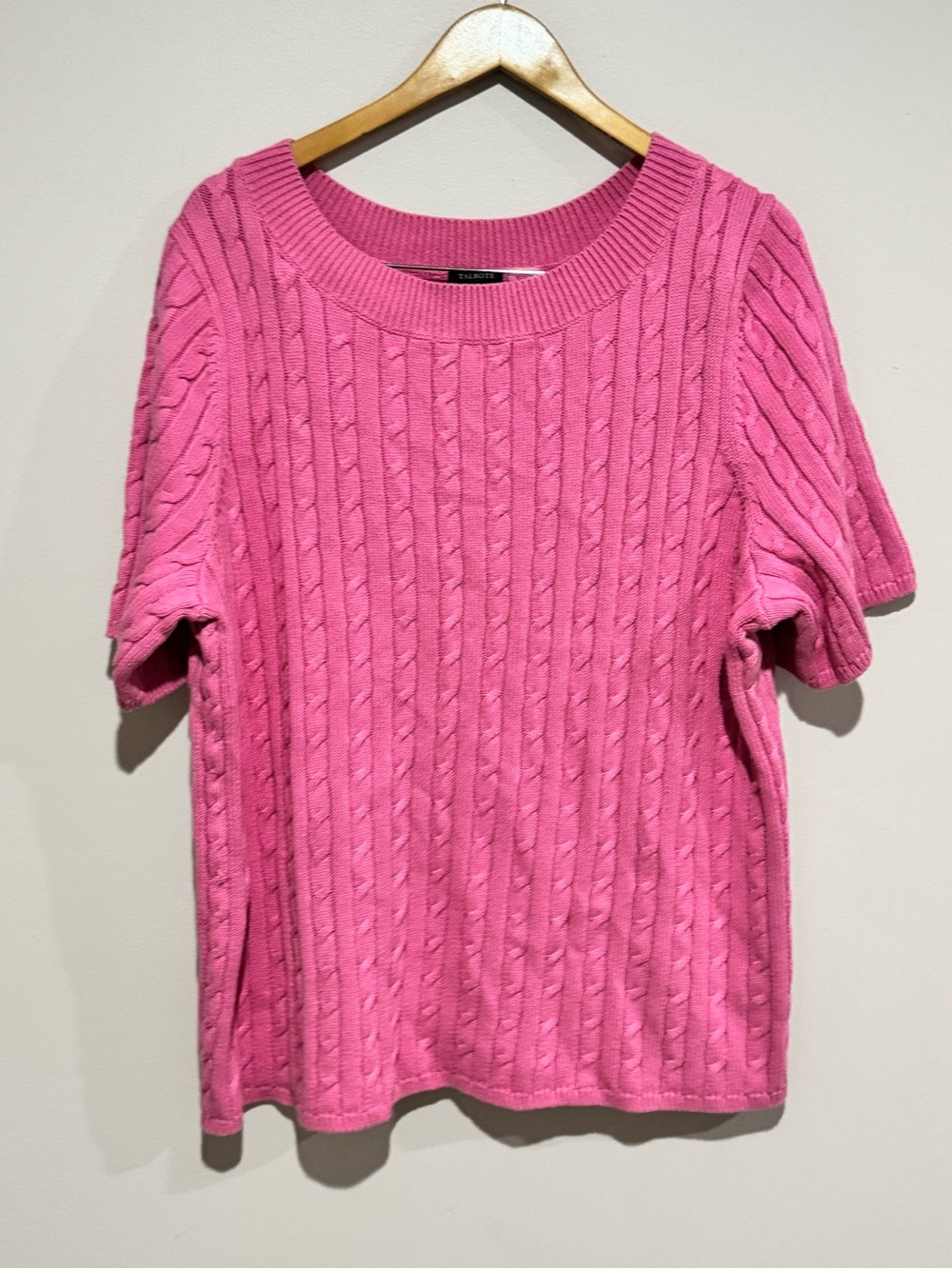 Talbots Womens 3X Pink Cable Knit 100% Cotton Short Sleeve Pullover Sweater